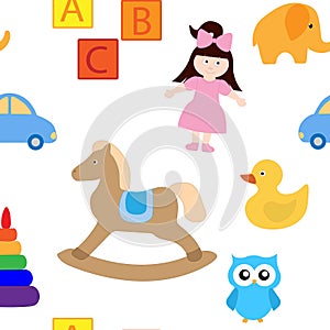 Seamless pattern kids toys vector drawing. Yula cubes doll machine duck horse